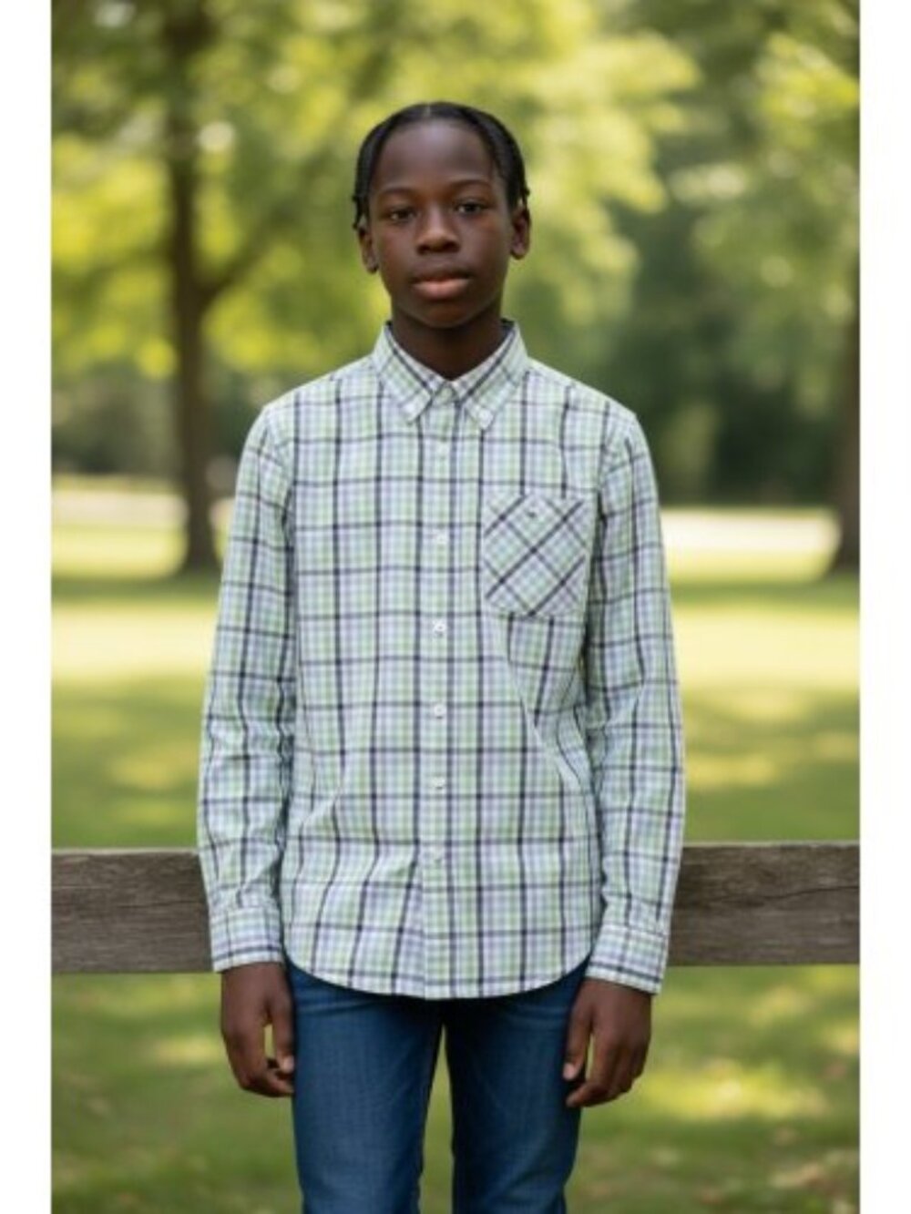 TOMMY HILFIGER Blue Green Plaid Long Sleeved Button Front Shirt Boys Size 8-10